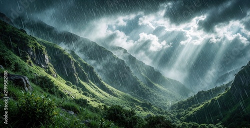 Heavy rain falls on green mountain slopes under dramatic storm clouds. Sun rays break through dark sky over misty hills, valley. Wild nature landscape shows stormy weather, wet wilderness during