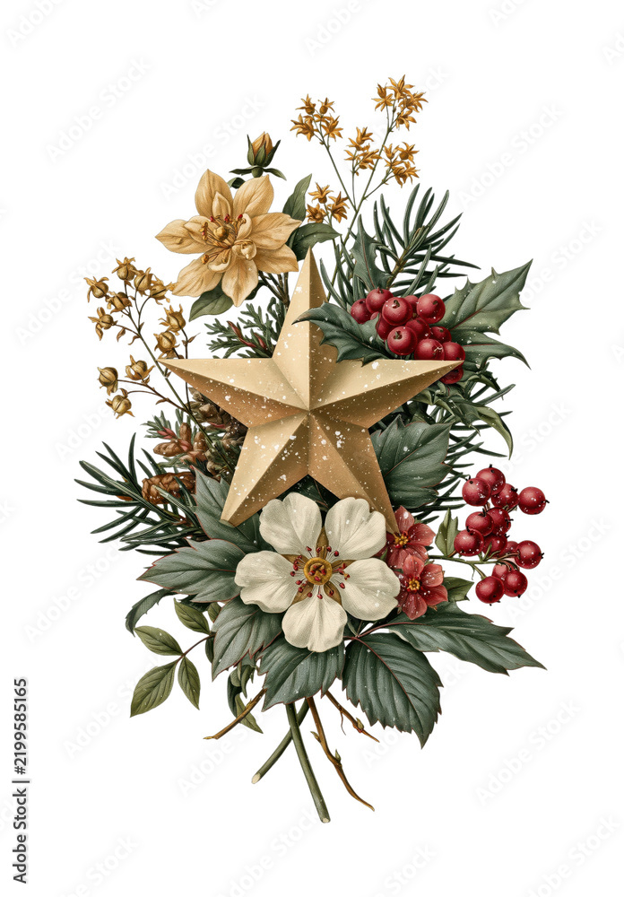 Obraz premium PNG Festive botanical bouquet with gold star, pine foliage, red berries