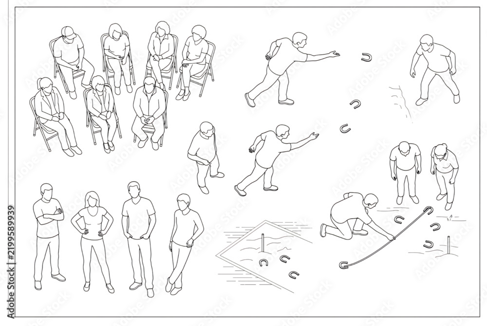 Fototapeta premium Set of architectural line drawings of people playing horseshoes and relaxing in poses