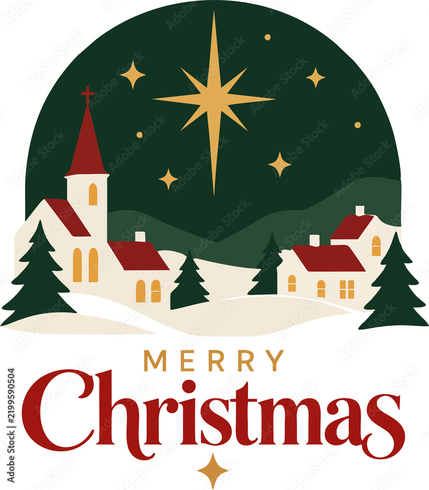 Fototapeta premium Merry Christmas Greeting with Snowy Village, Church, Pine Trees and Golden Star
