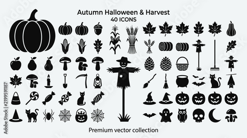 Halloween: Autumn Halloween & Harvest 40 Icons Vector Set