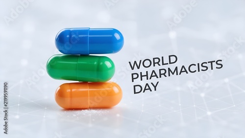 Bright blue green and orange medicine capsules stacked vertically on a clean white surface representing pharmaceutical care for the annual world pharmacists day health celebration