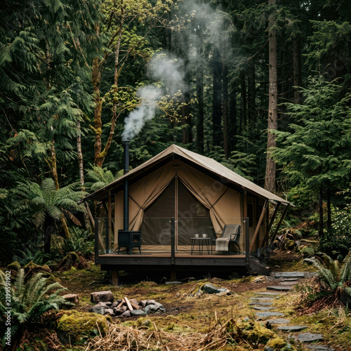 Luxury glamping tent with wood-burning stove and deck in a lush forest retreat.