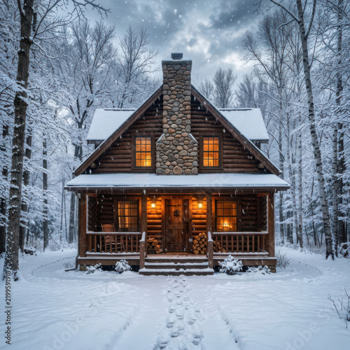 Cozy winter log cabin with warm glowing windows and snowy forest.