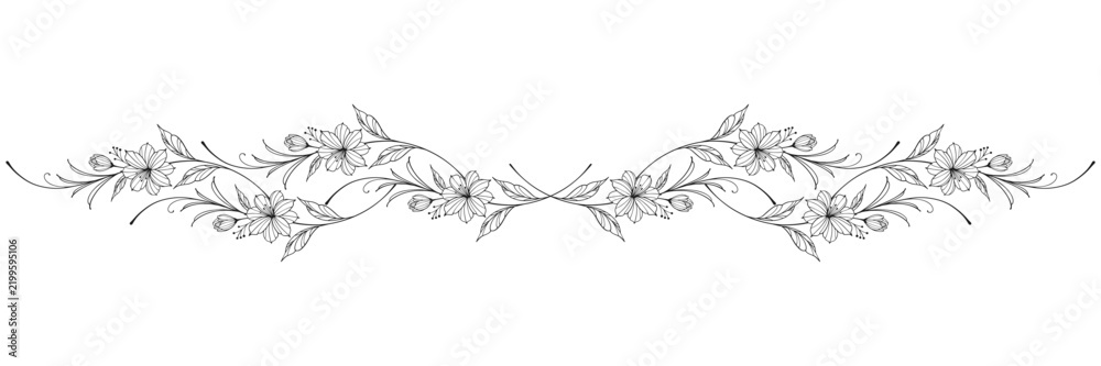 Fototapeta premium floral divider with leaves and flower botanical border black vector illustration isolated on transparent background