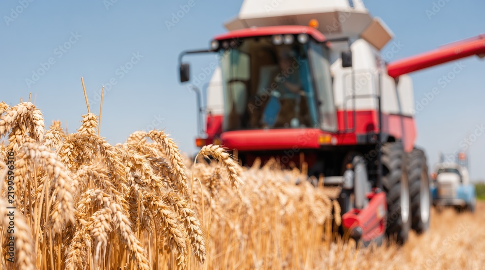 Obraz premium Agriculture and wheat harvesting. Combine harvester operates in a golden wheat field, collecting ripe grain during the summer harvest for food production.