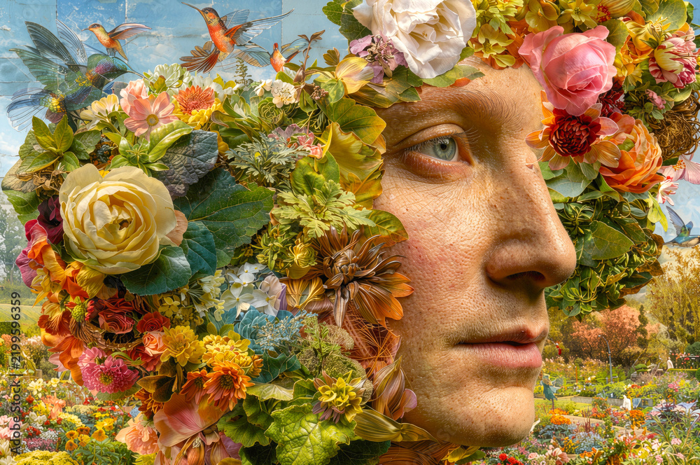 Fototapeta premium Surreal art and nature. A human face surrounded by colorful flowers and green leaves merges with a blooming garden as hummingbirds fly nearby in a fantasy scene.