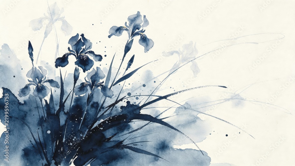 Obraz premium Deep blue watercolor wildflowers meadow bouquet painting on light background for tranquil home decor.