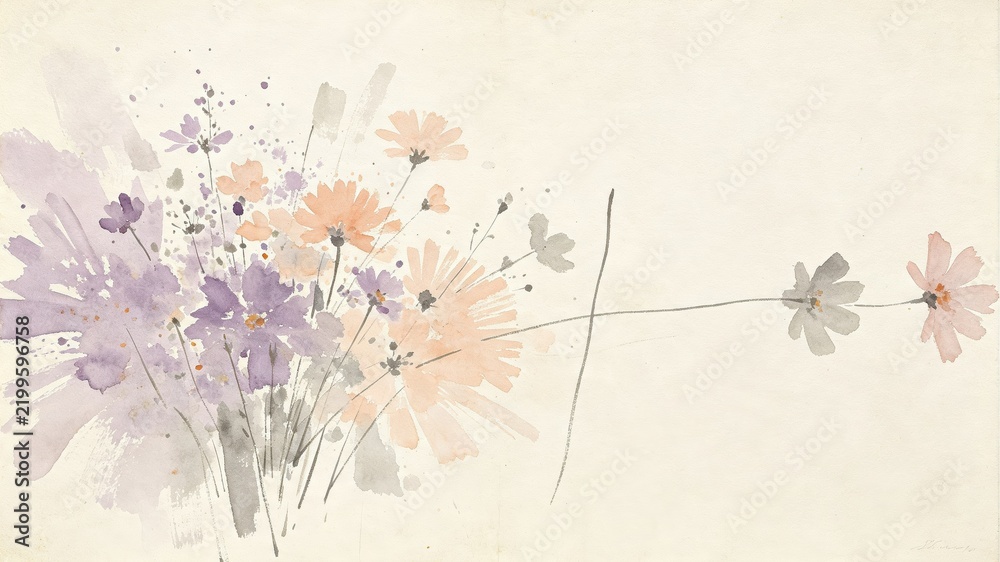Obraz premium Pastel wildflowers bouquet delicate watercolor sketch on cream paper background for romantic greeting cards.