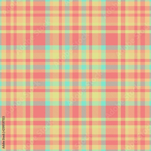 This vibrant, seamless plaid pattern features soft pastel shades of coral, yellow, and mint green, creating a cheerful, nostalgic atmosphere. No people, nobody, digital textile design, wallpaper.