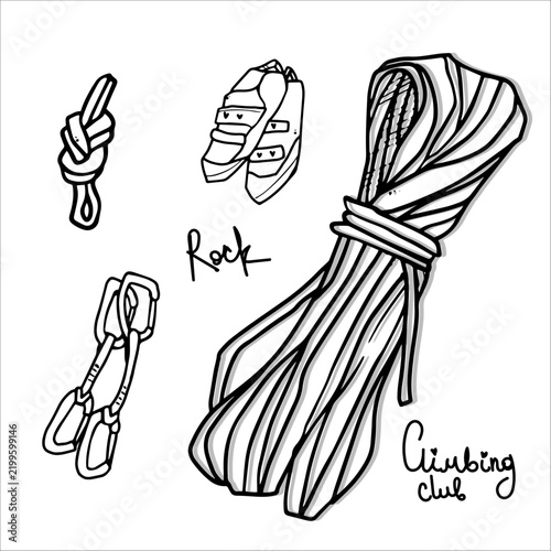 Set climbing equipment and accessories various elements of rock including,carabiner climbing rope climbing shoes figure-eight knot