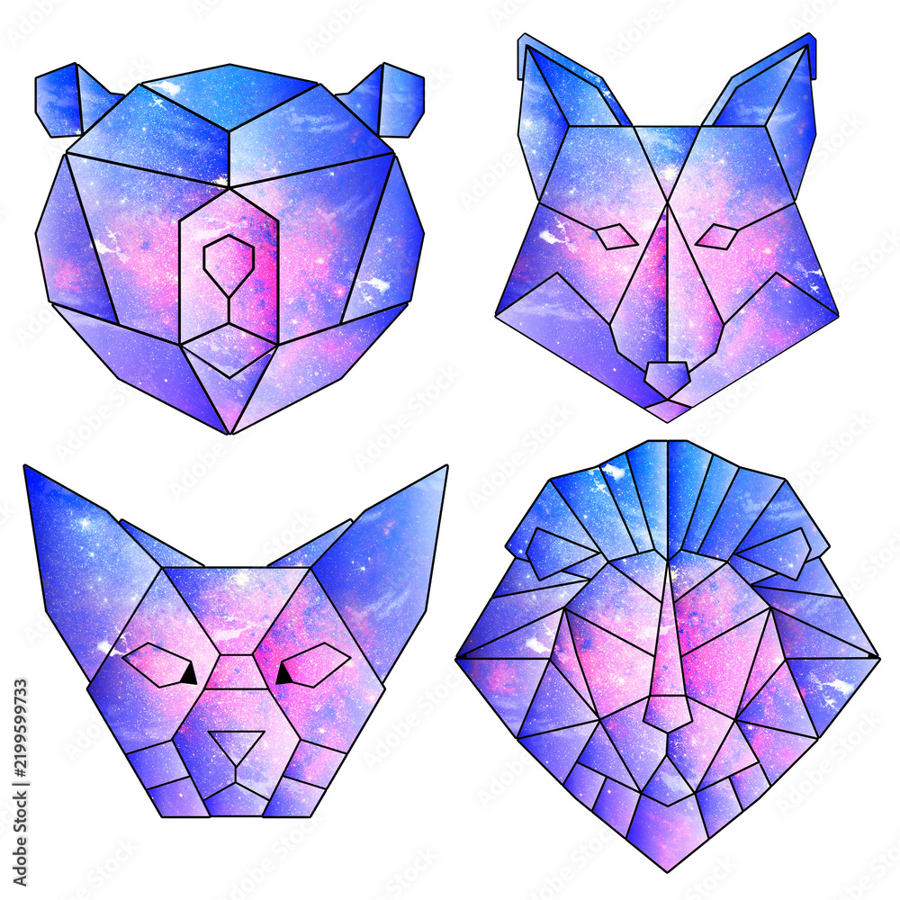 Fototapeta premium Purple galaxy patterned geometrical and crystalized animal sticker set