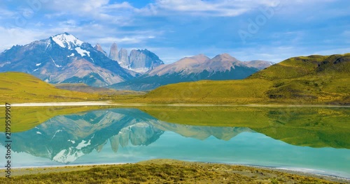 Lake in front of a mountain range, reflections in the water, Torres del Paine National Park, Patagonia, Chile