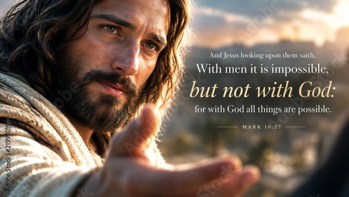 Mark 10:27 Bible Verse: Jesus Quote on Divine Possibility and God's Power, an Inspirational Message of Faith and Hope.