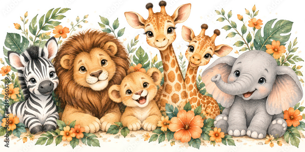 Fototapeta premium Cute Safari Animal Family Watercolor Illustration for Nursery Decor