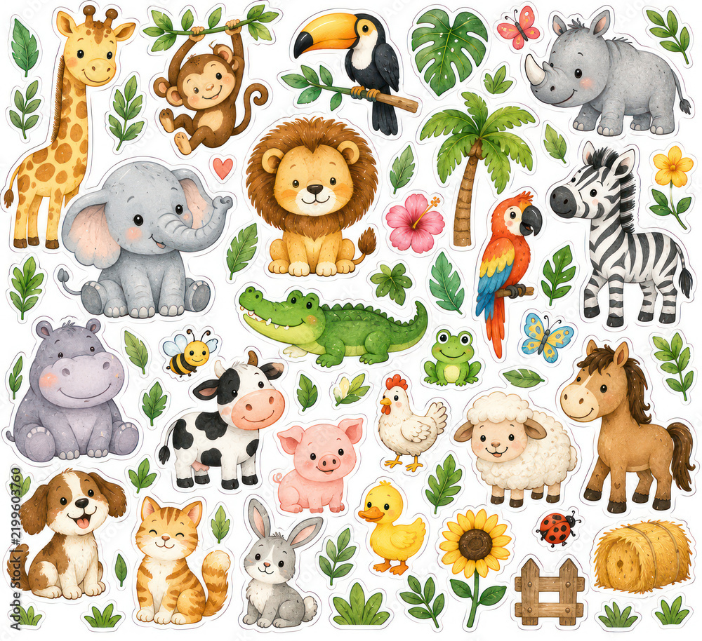 Obraz premium Cute Safari and Farm Animals Watercolor Sticker Set for Kids