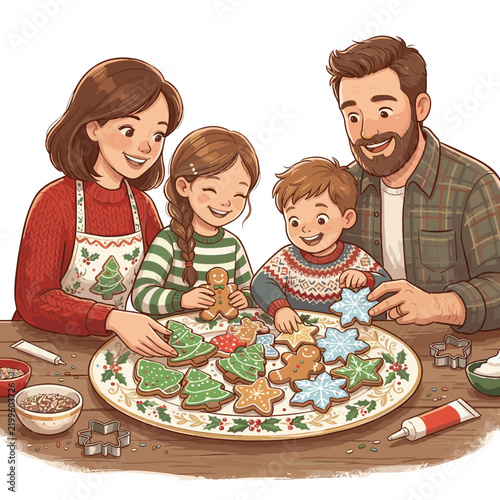 Family decorating festive Christmas cookies together in kitchen