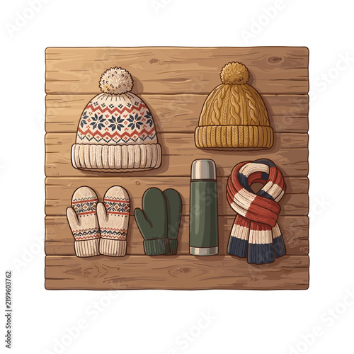Collection of winter clothing and thermos on wooden planks