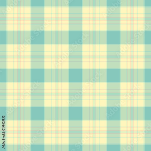 This seamless plaid pattern features soft pastel teal and creamy yellow intersecting lines. The elegant, versatile grid design is perfect for textile prints, digital backgrounds, and stationery.