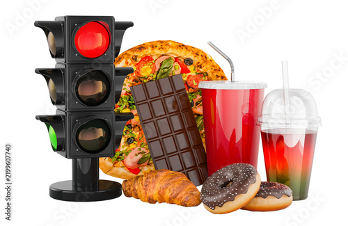 Traffic light and junk food selection concept with pizza, donuts and soft drinks. 3D rendering