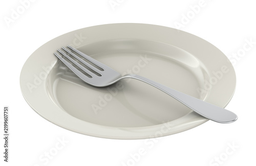 Empty plate with fork for fasting, hunger and calorie restriction concept. 3D rendering