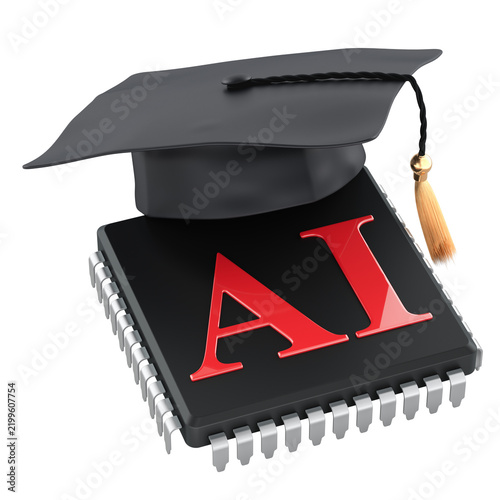 AI education and artificial intelligence training with graduation cap on microchip. 3D rendering