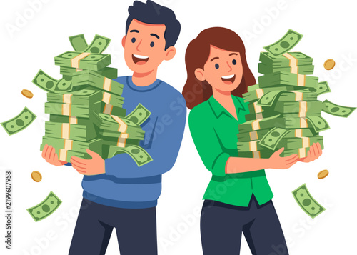 Happy couple holding stacks of cash, money falling around them, flat design vector illustration