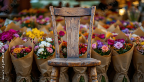 Weathered wooden chair stands in front of colorful flower bouquets wrapped in brown paper, creating charming and rustic floral display