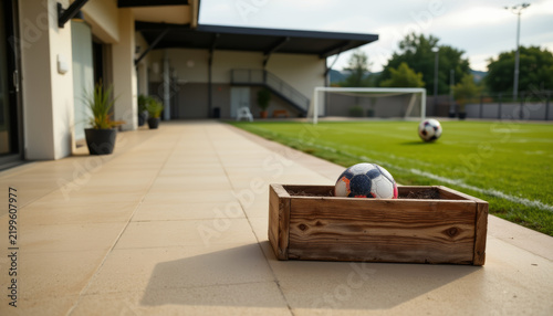 Weathered wooden flower box with soccer ball inside sits on tiled patio near green soccer field and goalpost under cloudy sky