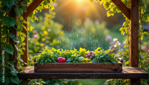 Wooden arbor entwined with green leaves frames rustic wooden tray filled with fresh herbs, vegetables, and fruits under warm sunlight