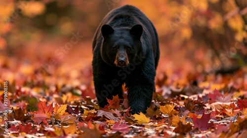 a black bear in a forest during autumn. The bear is captured in a side profile, gazing directly at the camera. The forest floor is covered with fallen leaves in various shades of red, orange.