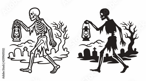 Foto Spooky skeleton holding an old lantern walking through a graveyard at night