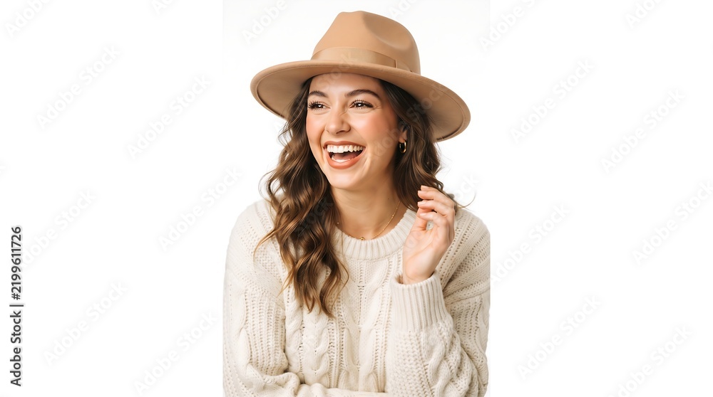 Fototapeta premium Happy Young Woman Laughing Joyfully in Cozy White Cable Knit Sweater and Beige Fedora Hat Isolated on White Background for Autumn Winter Fashion and Lifestyle