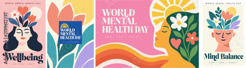 World Mental Health Day vector abstract poster collection with woman, flowers, hearts, sun and botanical elements.Wellness design and a greeting card for psychology, awareness, self care and emotional