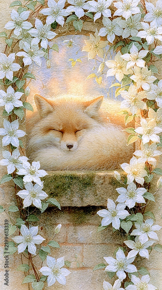 Obraz premium Dreamy Fox Sleeping Serenely Amidst Blooming White Flowers and Soft Sunlight