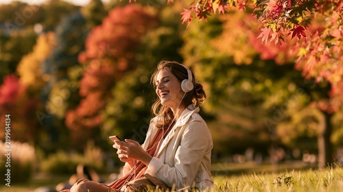 a woman seated on grass in a park during autumn. She wears a white jacket and a red scarf, and white headphones are on her head, indicating she is listening to music on her smartphone.