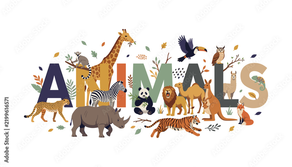 Fototapeta premium Wild zoo animals word concept horizontal banner design with cute cartoon characters and decorative jungle foliage vector