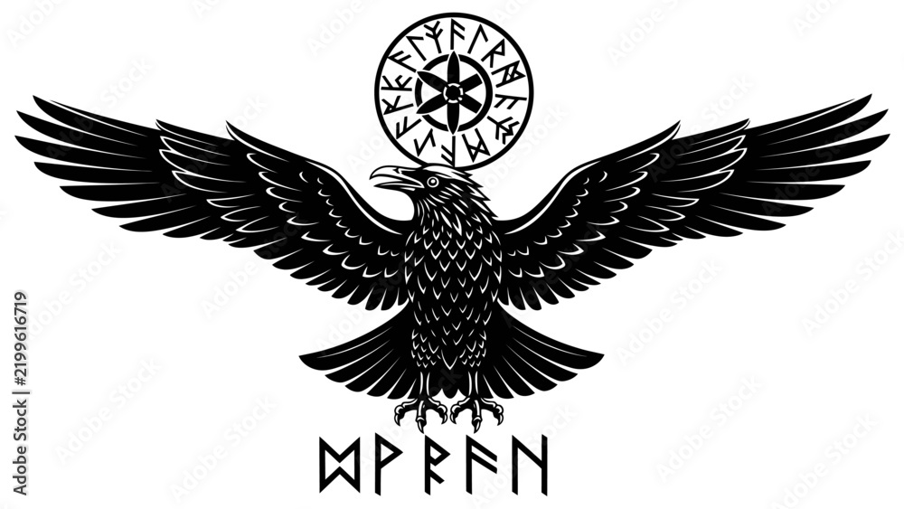 Obraz premium Norse Raven Symbol with Runes and Vegvisir Emblem