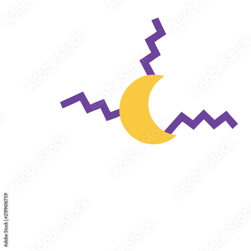 Yellow crescent moon with purple zig zag shapes