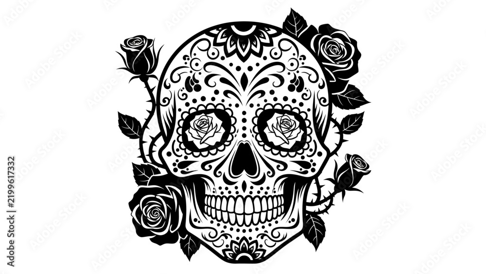 Fototapeta premium Sugar Skull with Floral Rose Decor Black and White Illustration