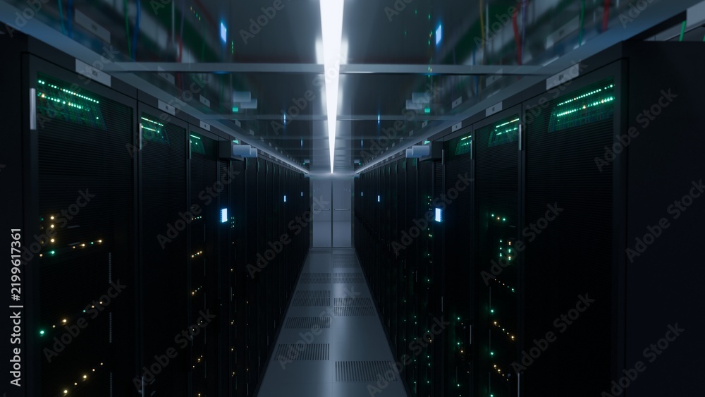 Fototapeta premium Sleek symmetrical server aisle with glowing green indicator lights in a modern data center corridor ideal for cloud computing ai infrastructure and