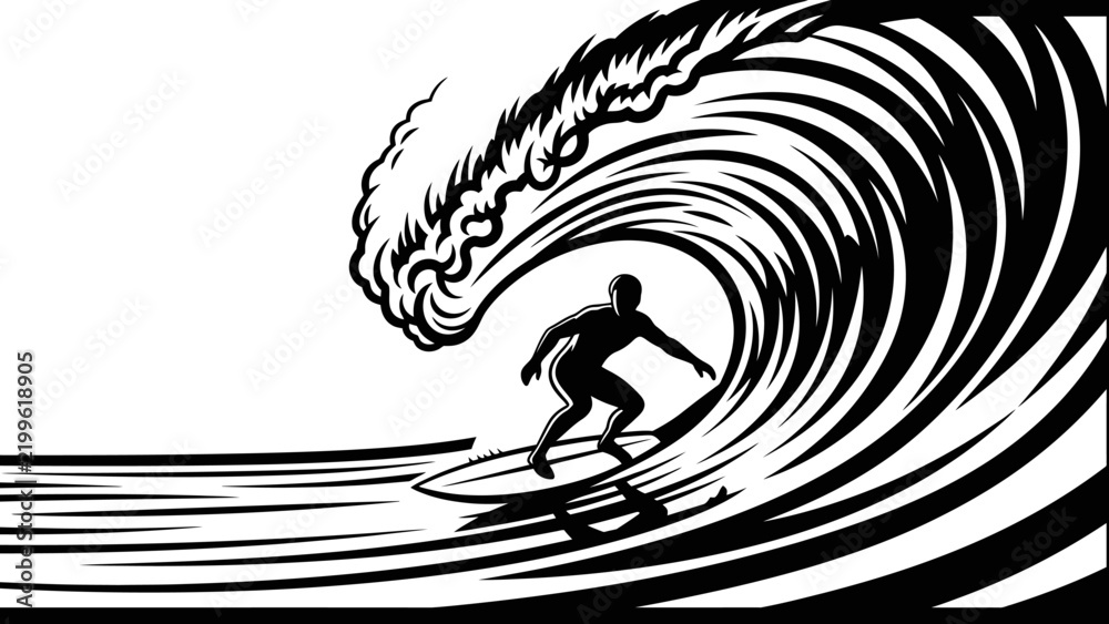 Fototapeta premium Surfer Riding a Large Ocean Wave Black and White Graphic Illustration