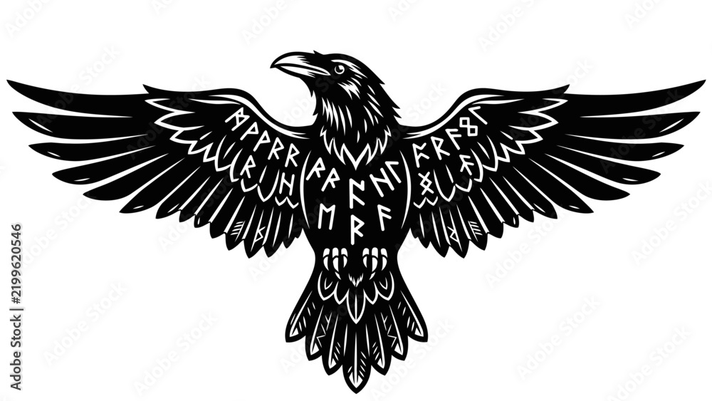 Obraz premium Viking Raven Symbol with Runes Illustration