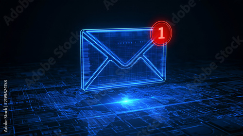 A glowing blue holographic email icon with a red notification alert floats above a digital tech grid. Ideal for cybersecurity and digital communication concepts.