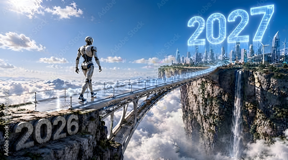 Fototapeta premium Professional climber stepping onto suspension bridge with futuristic year display in mountainous terrain