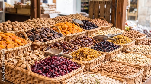 Baskets of dried fruit, dates, nuts, and seeds fill a market stall. Wooden scoops highlight the rustic display. A healthy food concept for cooking and nutrition.