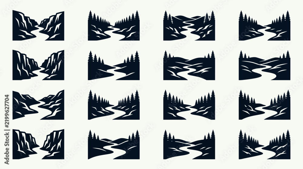 Fototapeta premium A grid of sixteen stylized landscape icons features rivers flowing through various natural settings like canyons and forests, rendered in a dark silhouette style.