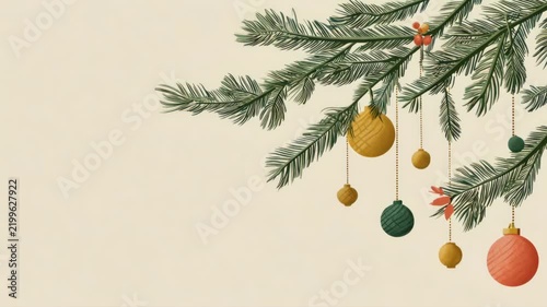 Festive fir branches with hanging ornaments and subtle holiday decor