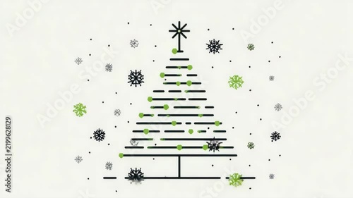 Minimalist christmas tree design with black lines and green snowflakes on white background