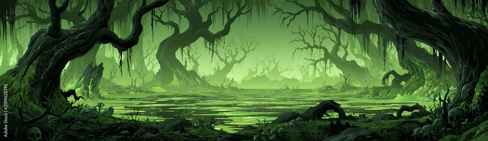 Obraz premium Moss hangs from twisted, gnarled tree trunks.